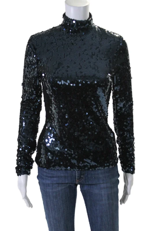 Christian Dior Womens Navy Blue Sequins Mock Neck Long Sleeve Blouse Top