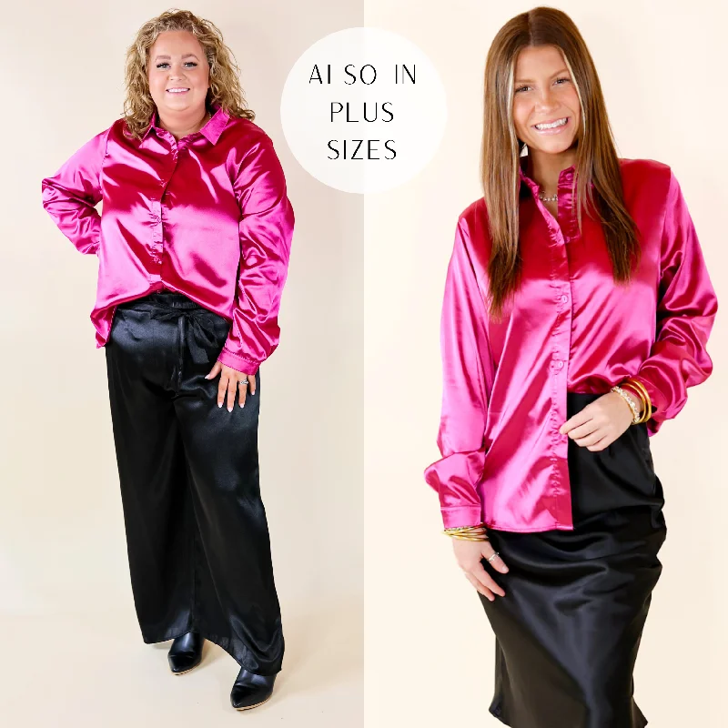 Down To Disco Satin Long Sleeve Button Up Top in Magenta