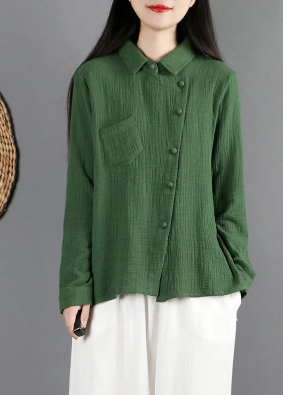 Green Peter Pan Collar Pockets Tops Long Sleeve