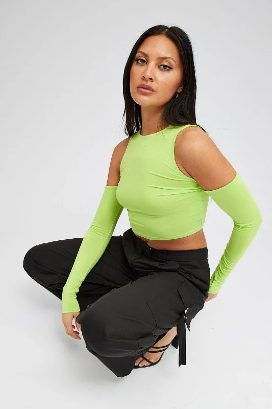 Green Top Long Sleeve Mock Neck Cold Shoulder Jersey