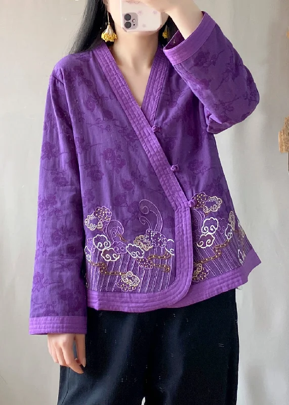 Handmade Purple Embroideried Floral Tops Long Sleeve