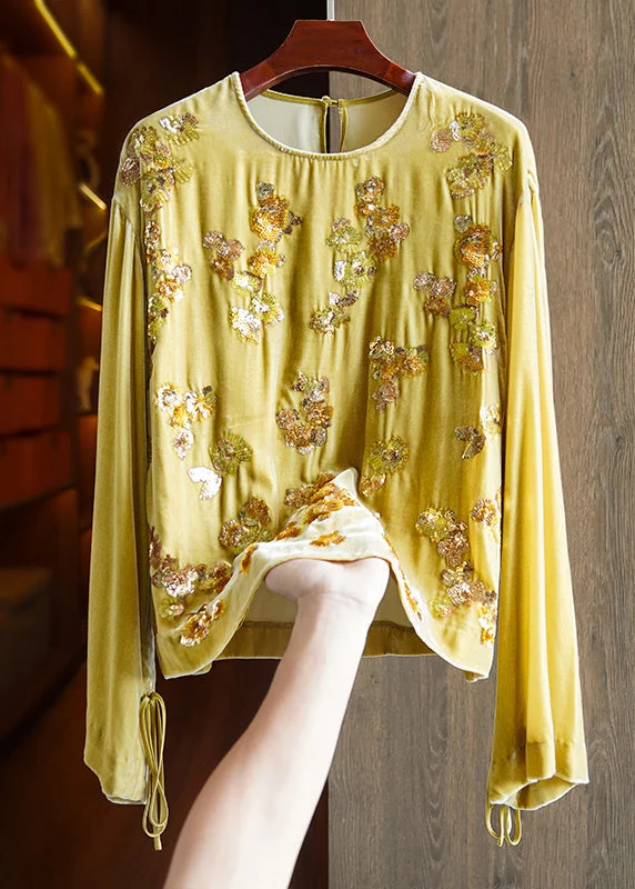 Handmade Yellow Sequins Lace Up Silk Velour Top Long Sleeve