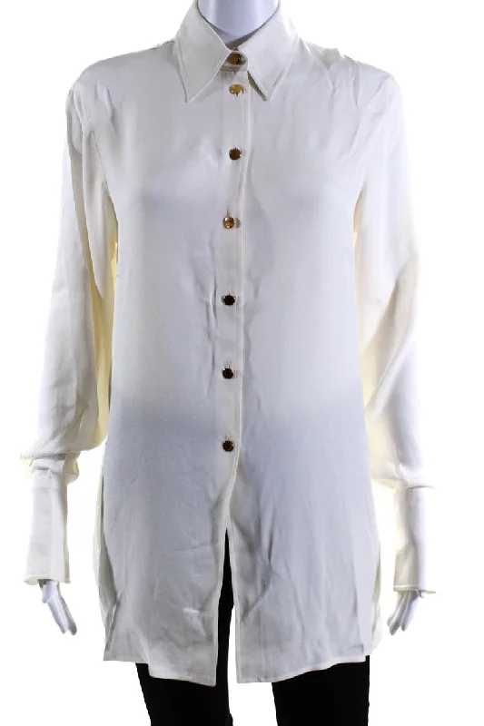 Hermes Womens Solid Cream Silk Collar Long Sleeve Button Down Blouse Top