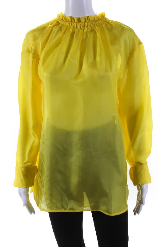 Lafetiche Womens Sheer Mock Neck Long Sleeve Blouse Yellow