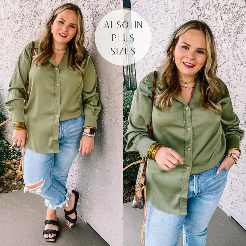 Tell Me Something Good Long Sleeve Button Up Top in Olive Green