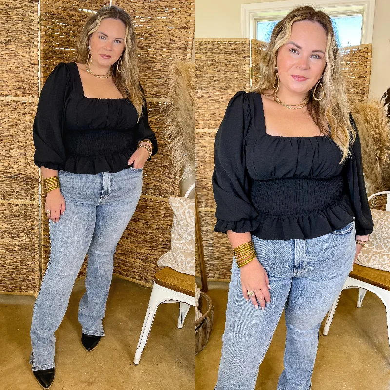 Starting Fresh Long Sleeve Peplum Top with Smocked Bodice in Black