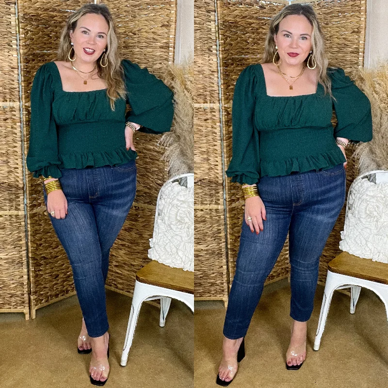 Last Chance Size Medium & Large | Starting Fresh Long Sleeve Peplum Top with Smocked Bodice in Forest Green