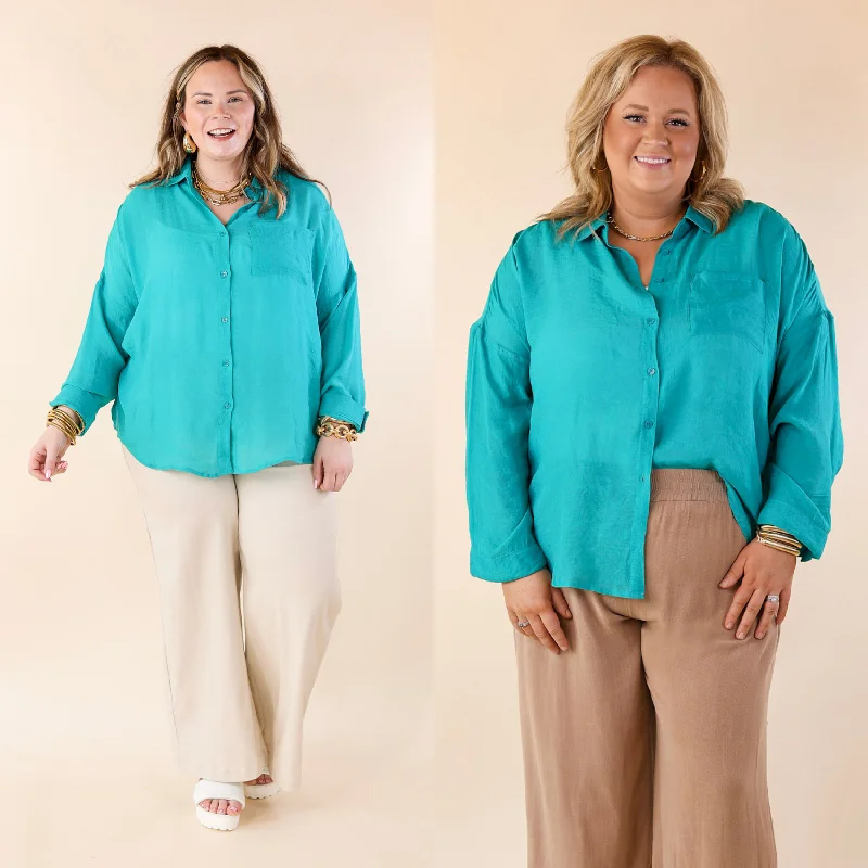 Look on the Bright Side Button Up Long Sleeve in Turquoise Blue