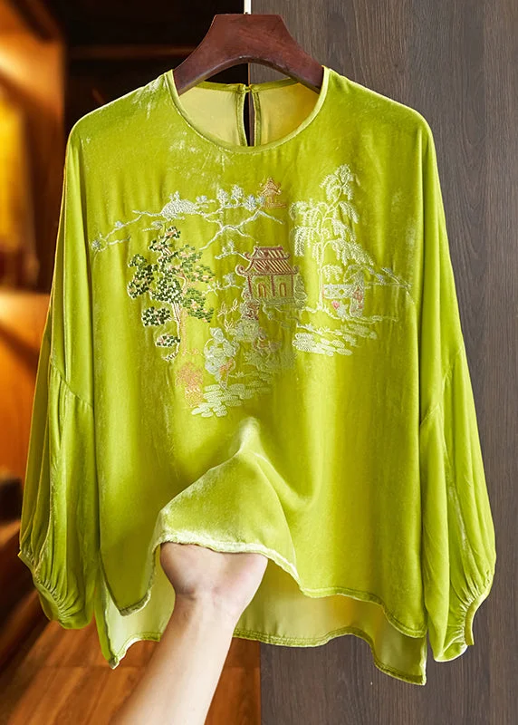 Loose Green O Neck Embroideried Silk Velour Top Long Sleeve