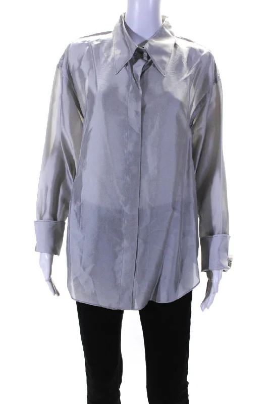 Mantu Womens Silk Organza Long Sleeve Button Up Top Blouse Cloud Gray