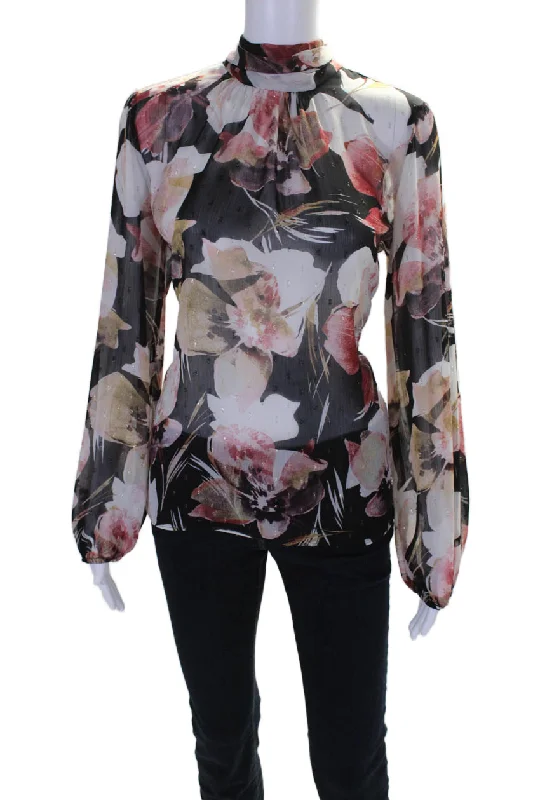 Misa Womens Long Sleeve Metallic Floral High Neck Lulu Blouse Multi