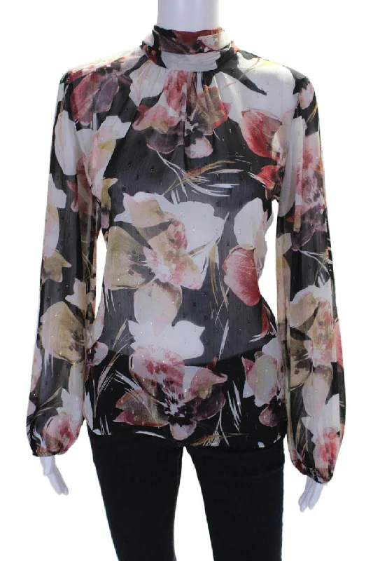 Misa Womens Long Sleeve Metallic Floral High Neck Lulu Blouse Multicolor