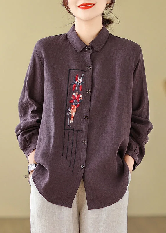 New Purple Solid Embroideried Cotton Blouses Long Sleeve