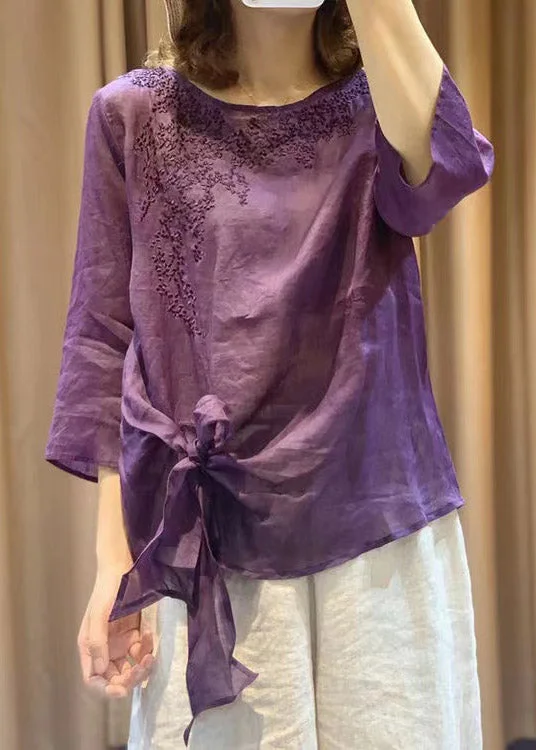 Novelty Purple O-Neck Embroidered Floral Tie Waist Linen Top Long Sleeve