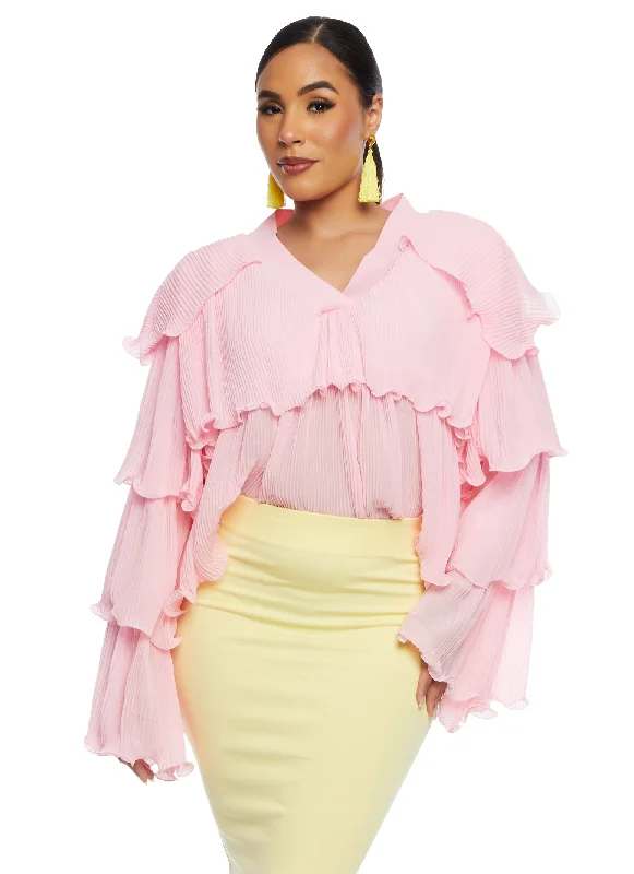 Plisse Ruffled Tiered Long Sleeve Blouse