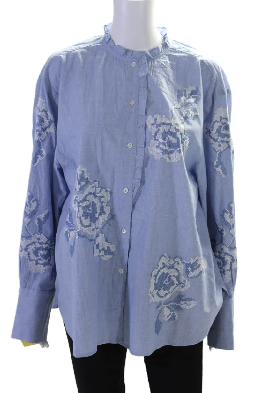 Rose And Rose Womens Cotton Rose Knit Long Sleeve Button Down Top Blue