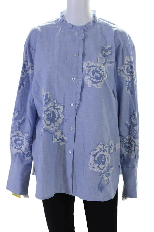 Rose And Rose Womens Cotton Rose Knit Long Sleeve Button Down Top Blue