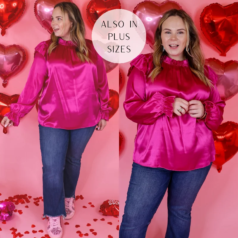 Can't Stop Me Ruffle Mock Neck Long Sleeve Satin Top in Fuchsia Pink