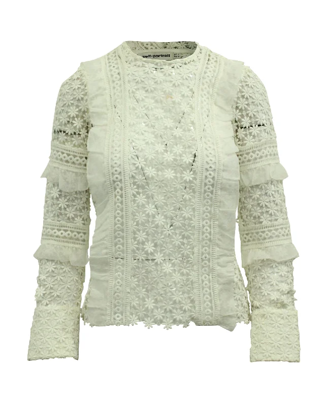 Self-Portrait Lace Long Sleeve Blouse in White Polyester