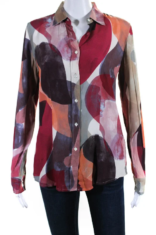 Sharis Womens Abstract Print Long Sleeve Collared Button Down Blouse Red