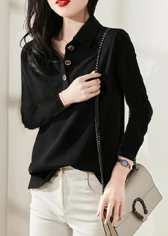 Simple Black Peter Pan Collar Button Cotton Top Long Sleeve