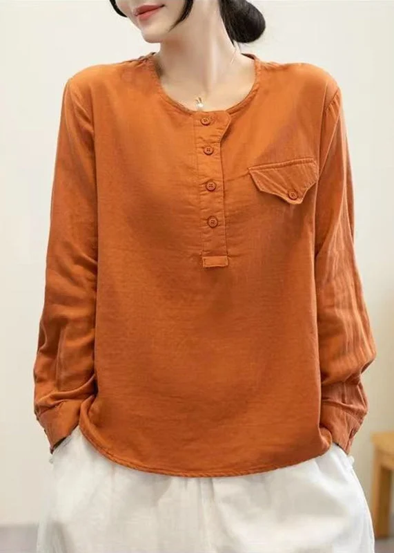 Simple Orange O-Neck Patchwork Button Tops Long Sleeve