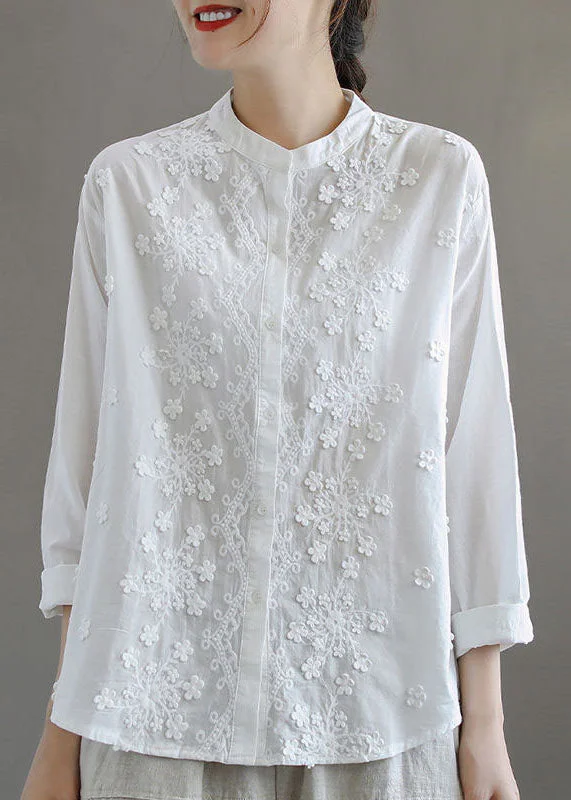 Simple White Stand Collar Embroideried Patchwork Cotton Blouses Long Sleeve