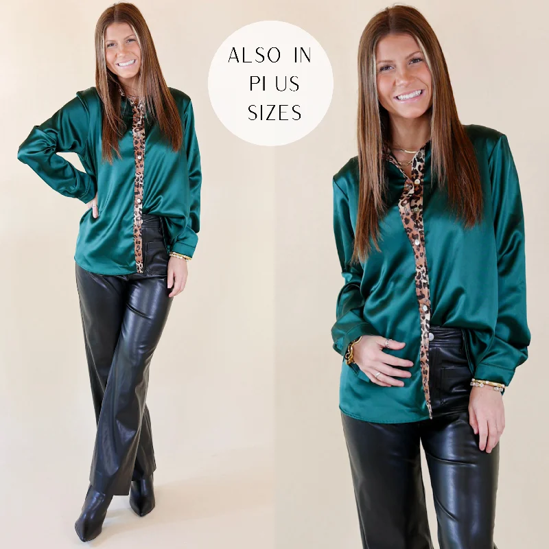 Sugar On Top Long Sleeve Button Up Satin Top with Leopard Print Trim in Forest Green