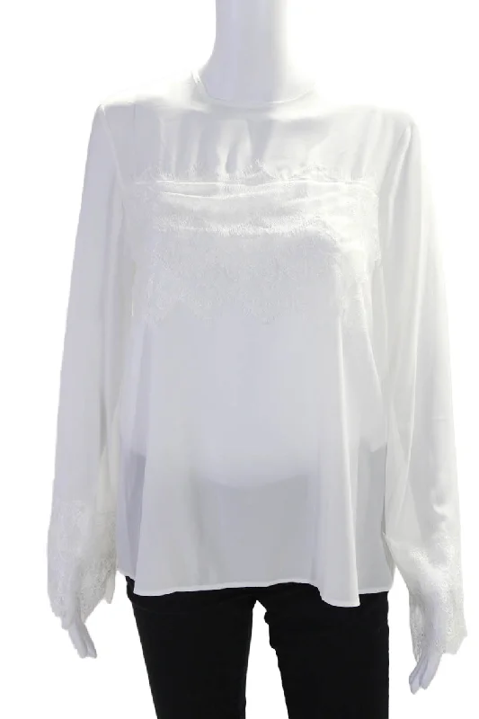 Theo Womens Idalia Lace Textured Long Sleeve Round Neck Blouse White