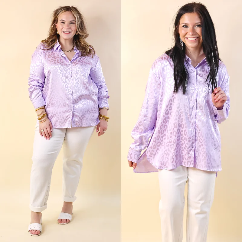 Top It Off Long Sleeve Button Up Satin Leopard Top in Lavender Purple