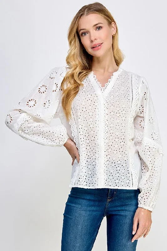 Delicate White Eyelet Long Sleeve Blouse