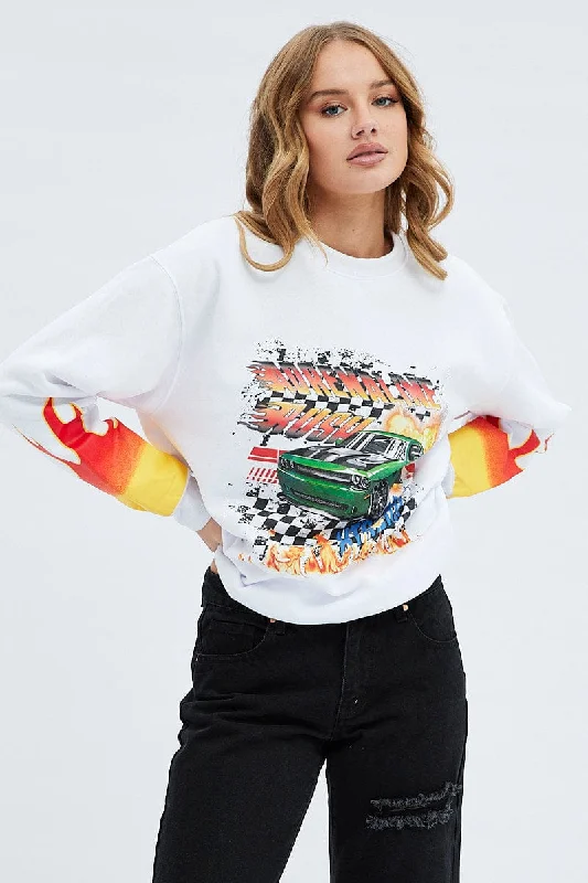 White Graphic Sweat Long Sleeve Crew Neck Racing