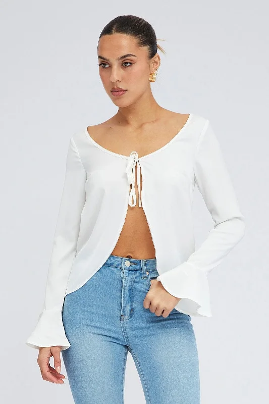 White Tie Front Top Long Sleeve Scoop Neck Satin