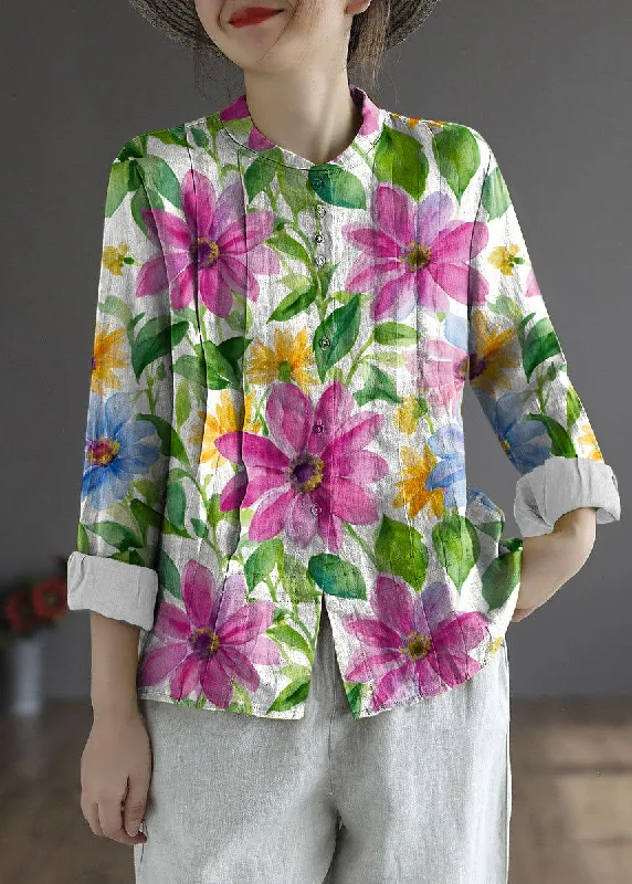 Women White Flower Elegant Button Linen Top Long Sleeve