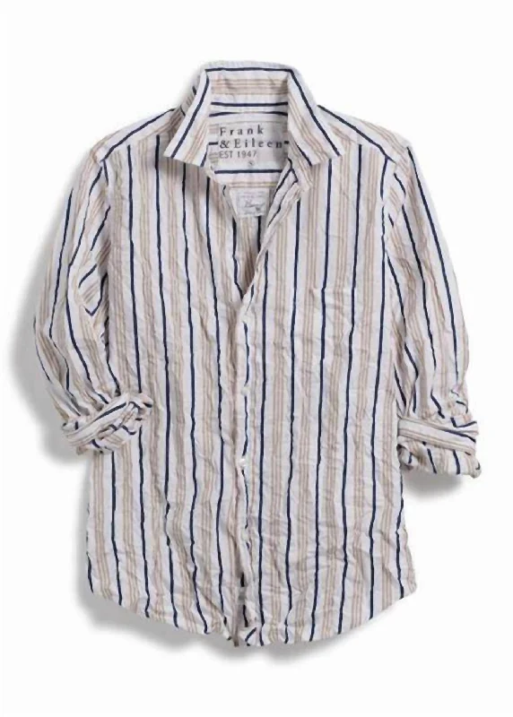 Barry Signature Crinkle Button Up Shirt In Navy Sand Double Stripe