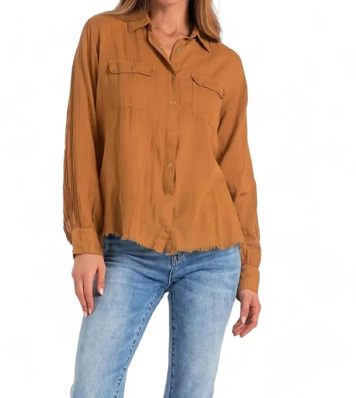 Collared Button Down Shirt In Dark Camel