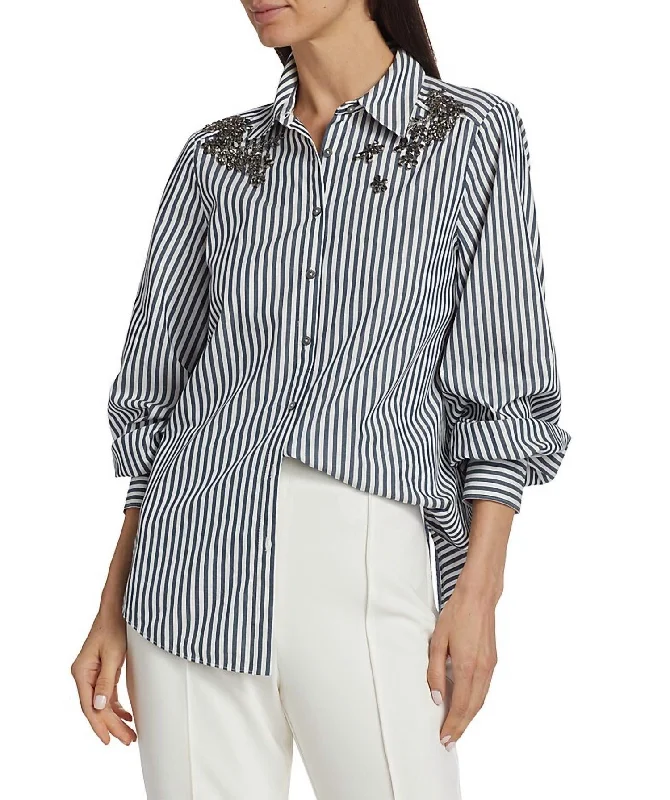 Crystal Ivy Stripe Kandice Embellished Shirt In Blue/ivory