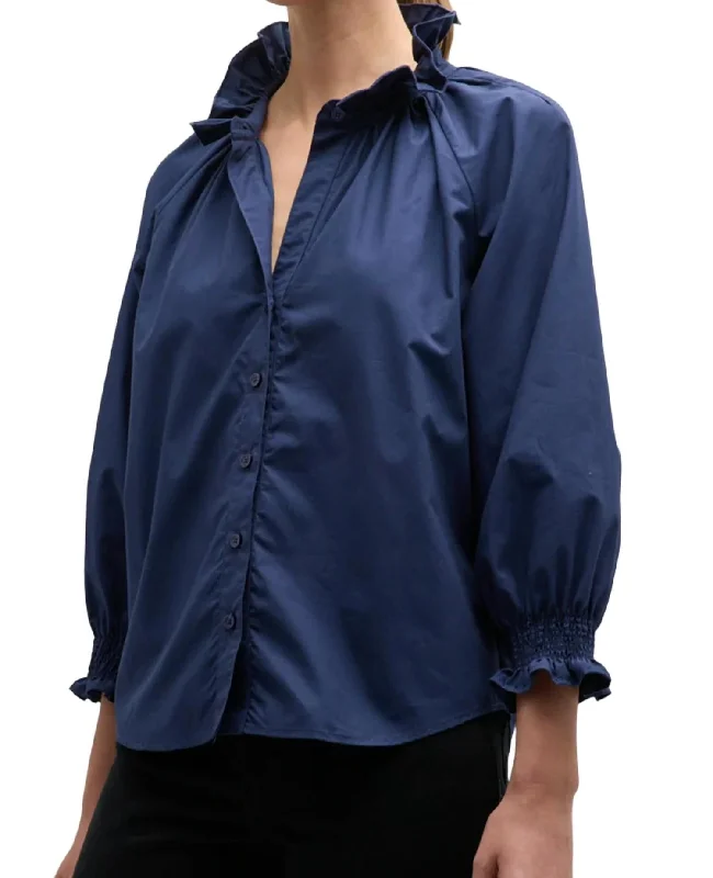 Fiona Ruffle Neck Shirt In Navy