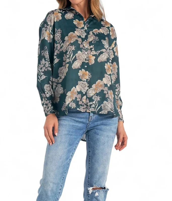 Long Sleeve Button Down Shirt In Green Floral