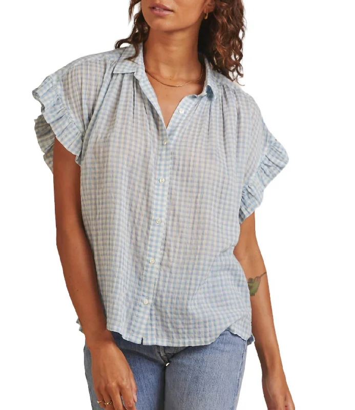 Marianne B Ruffle Sleeve Shirt In Lt Blue Check