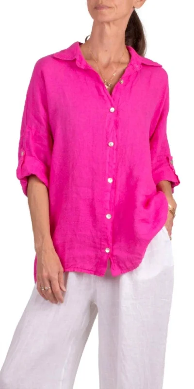 Martina Linen Button Down Shirt In Hot Pink