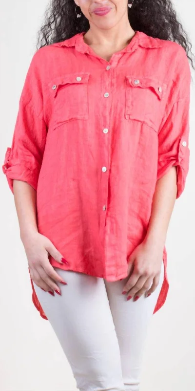 Navi Linen Button Down Shirt In Coral