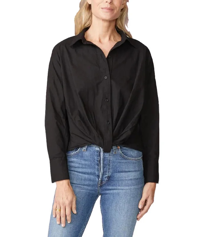 Poplin Long Sleeve Front Twist Shirt In Black