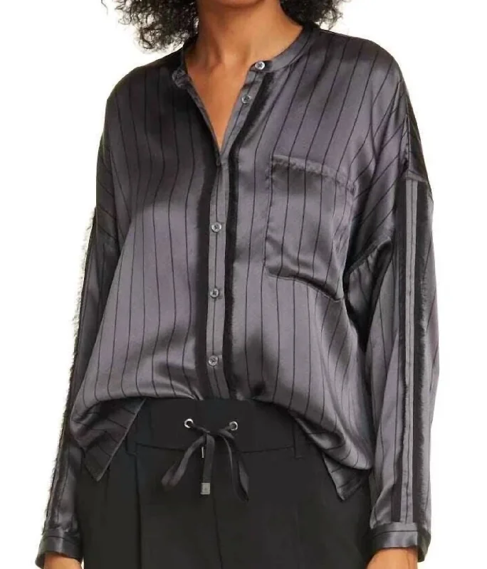 Silk Striped Button Down Shirt With Fringe In Asphalt/black