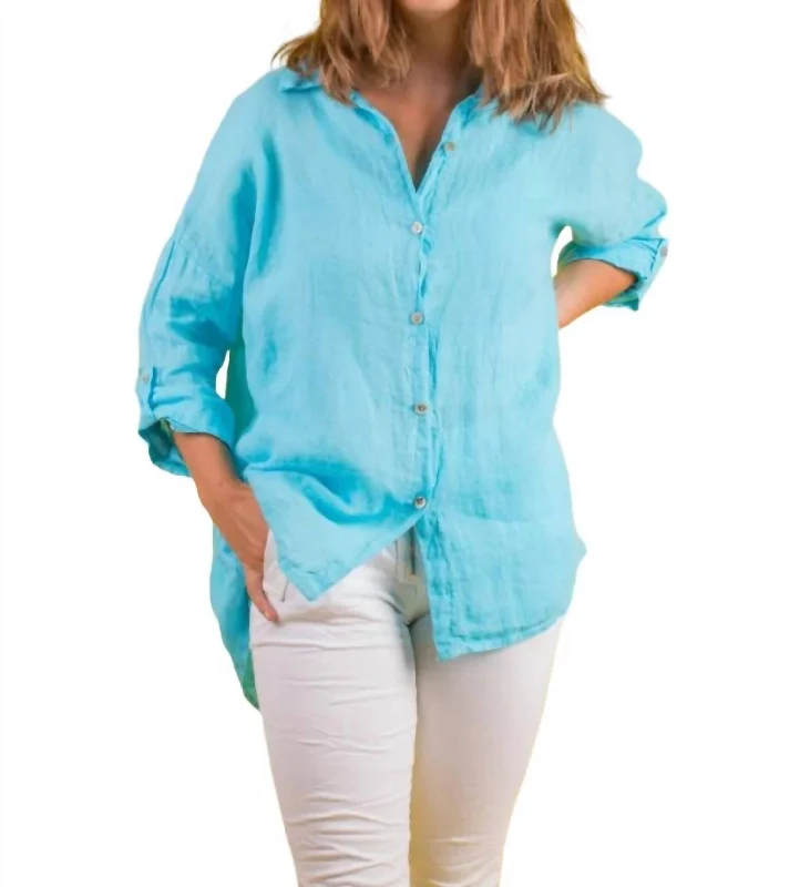 Terina Linen Button Down Shirt In Turquoise