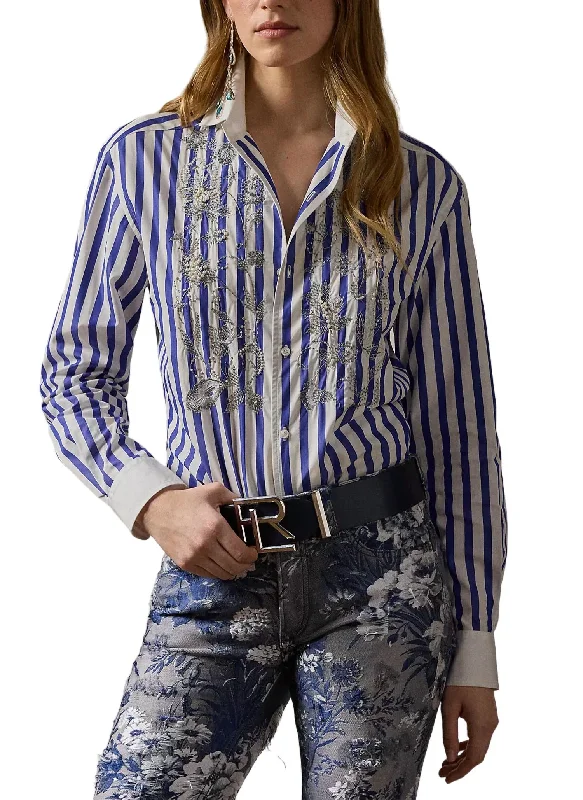 Umbrella Long Sleeve Button Front Shirt In Blue/white