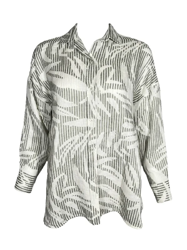 Women's Palm Print Linen Shirt In Sage Green