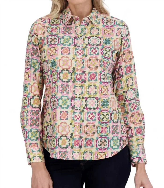 Zoey No Iron Watercolor Tile Shirt In Multi