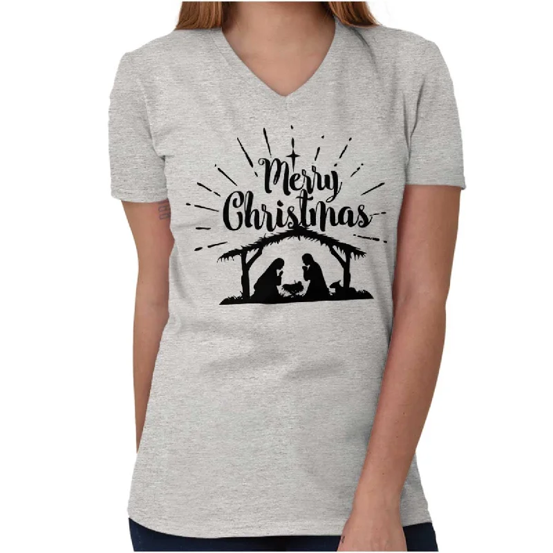 Nativity Scene Merry Christmas V-Neck T-Shirt