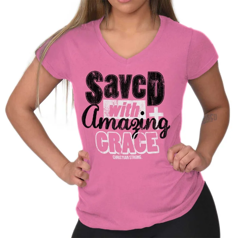 Saved With Amazing Grace Junior Fit V-Neck T-Shirt